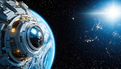 Space background illustration. Texture with a playful illustration of a spaceship orbiting Earth