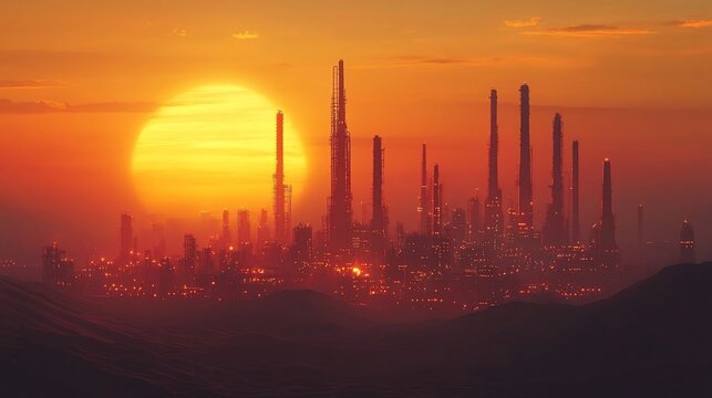 Futuristic city sunset, desert landscape, glowing towers