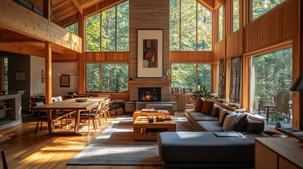 Fototapeta premium Sunlit modern cabin interior with large windows, wooden beams, fireplace, and comfortable seating area.