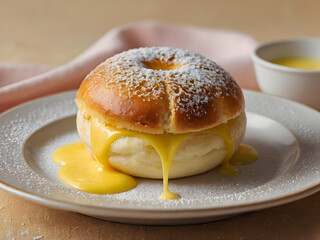 A Custard Bun with Creamy Filling Oozing Out: A soft custard bun with silky yellow custard oozing out, sprinkled with powdered sugar and served on a pastel-colored plate.