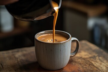 Freshly brewed coffee pouring into a mug, Monday morning, essential morning ritual