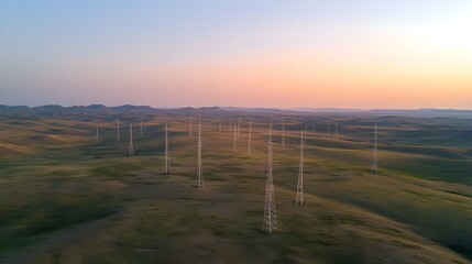 Obraz premium A panoramic view of multiple telecommunication cell towers spread across a vast landscape, with visible signal waves radiating outward, illustrating the extensive network coverage 