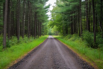 Naklejka premium Gravel road in pine forest, rustic and rural charm