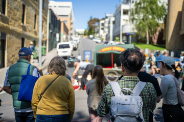 tourist at farmer market, at salamanca market in hobart australia in town