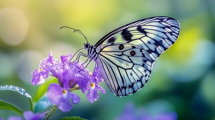 Obraz premium A large, white and black butterfly with red dots rests on a purple flower.