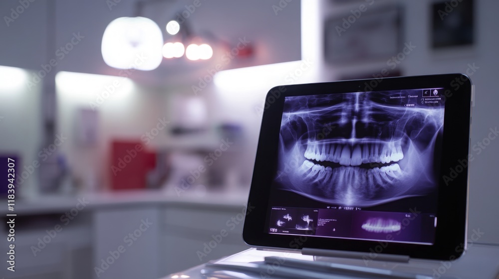 Poster a digital x-ray displayed on a tablet shows detailed images of dental structures.
