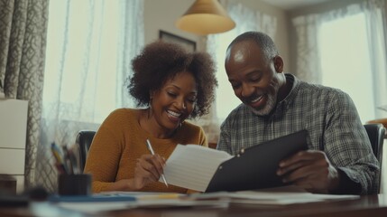 Mature smiling couple sitting and managing expenses at home. Happy mid black man and woman paying bills and managing budget. Middle aged african american couple checking accountancy and bills.