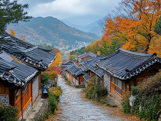Fototapeta premium Autumnal Korean Village: Serene Stone Path, Traditional Houses, and Vivid Fall Foliage