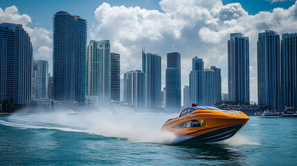 Obraz premium A speedboat racing past Miami Beach, with skyscrapers rising in the background, during a thrilling water activity