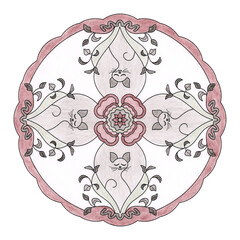 Mandala. Relaxed cat meditating. Colored pencils. 