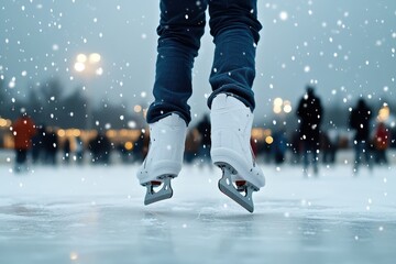 Skater jumping on ice rink during snowfall, wearing white ice skates and blue jeans, with blurred background of people skating and city lights