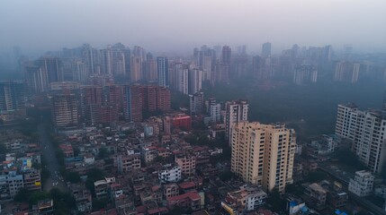 Obraz premium Aerial view of a densely populated city skyline covered in thick smog with limited visibility, highlighting severe urban pollution and poor air quality 