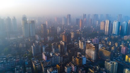 Obraz premium Aerial view of a densely populated city skyline covered in thick smog with limited visibility, highlighting severe urban pollution and poor air quality 