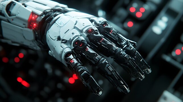 Close-up of a cybernetic arm with control systems, showcasing the precision and responsiveness of its movements in real-time applications 