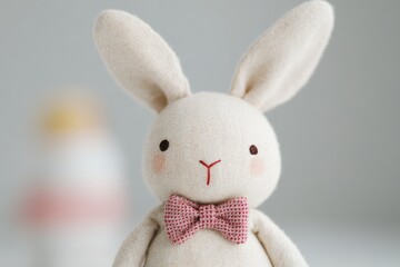 Obraz premium Adorable Handmade Bunny Toy with Colorful Bow Tie on Mint Green Background