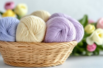 Pastel Yarn Balls in Wicker Basket with Flowers for Knitting and Craft Inspiration