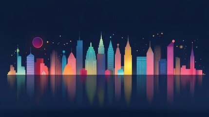 Vibrant City Skyline at Night with Reflections on Water.