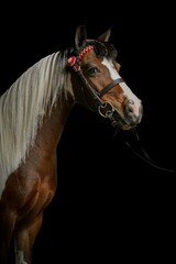 Portrait of a chestnut horse with a decorative bridle against a black background.