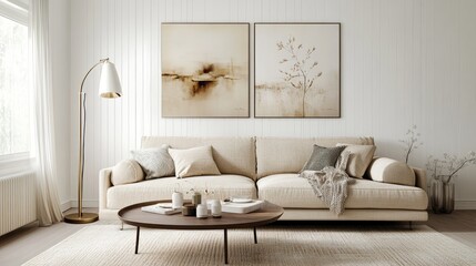 A realistic photo of a stylish living room with white walls, a beige sofa, and a coffee table The soft rug, standing floor lamp, and decorative paintings add a modern, chic touch Cushions and throws