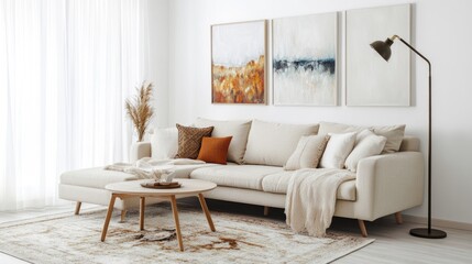 Obraz premium A realistic photo of a cozy living room with white walls, a beige sofa, and a coffee table The soft rug, standing lamp, and decorative paintings create a welcoming space Cushions and throws add