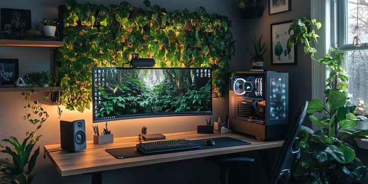 Modern home office setup with plants, computer, and desk.