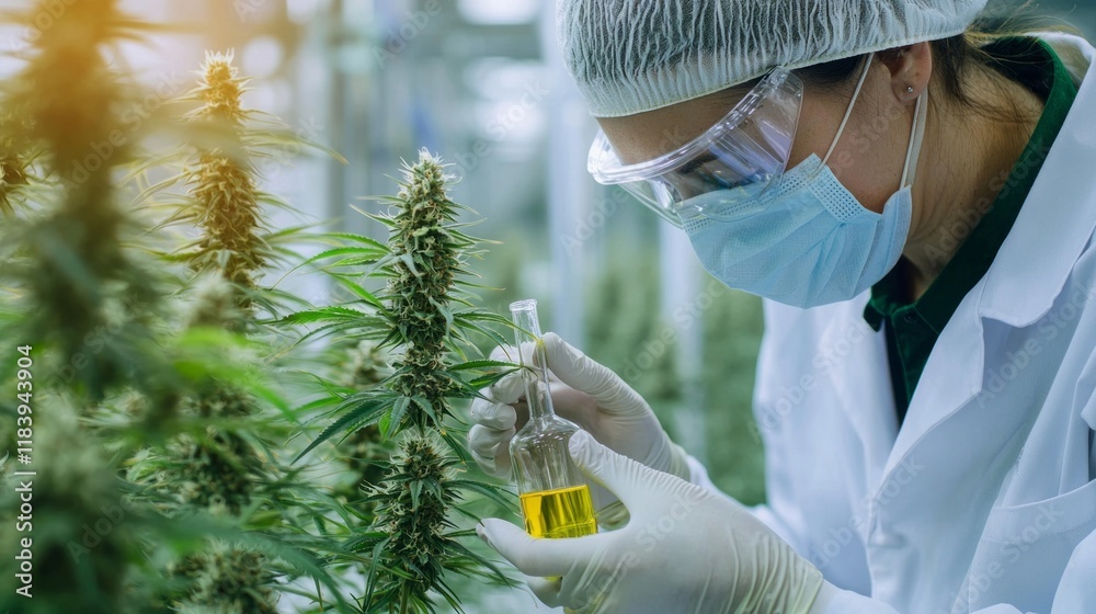 Poster a focused professional in a lab coat meticulously examines a plant sample under controlled condition