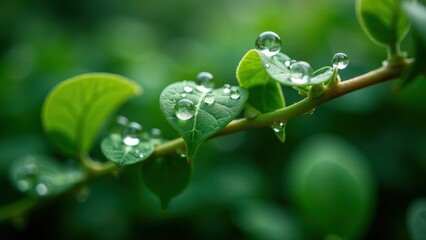 Close-Up of Green Leaves with Morning Dewdrops on a Sunny Day

