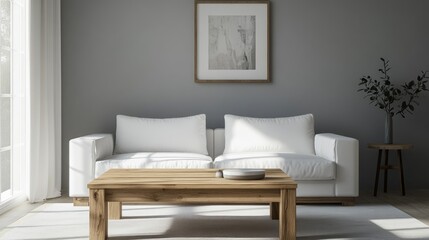 A realistic photo of an airy, bright living room featuring a wooden coffee table near a crisp white sofa. The grey wall with an art poster adds a modern touch. Styled like a high-end lifestyle