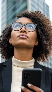 Confident woman with curly hair looking up while holding a smartphone in an urban setting
