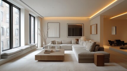 Fototapeta premium Modern Minimalist Living Room with City Views