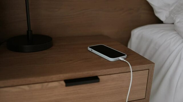 Smartphone charging with energy bank on nightstand at night. Time to recharge. High quality FullHD footage