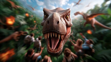 Majestic towering Tyrannosaurus Rex dinosaur looming over a group of awestruck human explorer figures with highly detailed anatomical texture and dramatic lighting set against a lush