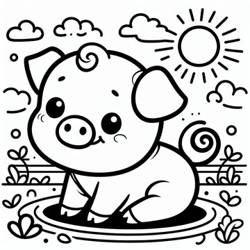 recommend clip art: Black white lineart coloring book, cute animal character. Cute piglet cartoon with smiling face and happy face.