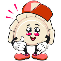 Cute gyoza dumpling vektor illustration mascot character wearing a baseball cap while giving a thumbs up, Xiao Long Bao, Asian, Chinese food, work of hand drawn