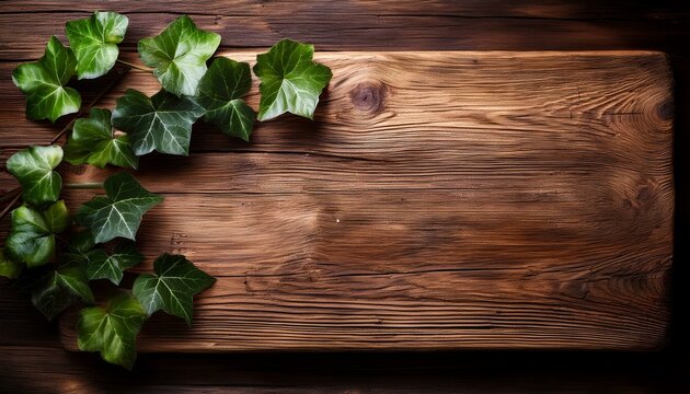 rustic wooden board with ivy leaves on top