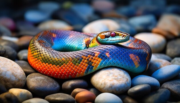 a colorful snake resting on a pile of stones