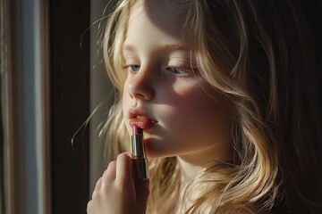 Obraz premium Girl Applies Lipstick, a Touch of Beauty, Gracefully Near Window, Golden Hour Light