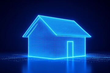A glowing blue house outline is depicted using dots in a futuristic digital style on a dark gradient background. Concept of innovation and technology. Ai generative