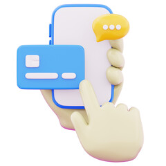 Hand holding smartphone for online shopping cashless payment transaction icon illustration. Concept of secure credit card payment 3d render illustration image