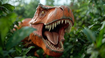 Obraz premium Ferocious Tyrannosaurus Rex Hunting Prey in Lush Jungle Foliage Detailed Depiction of the Apex Predator Dinosaur Stalking its Victim Amidst Dense Vegetation in the Prehistoric Era