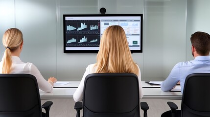 Corporate meeting with team members analyzing real-time marketing data on digital screens, collaborative strategy, modern workspace