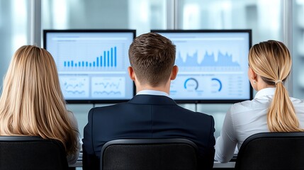 Corporate meeting with team members analyzing real-time marketing data on digital screens, collaborative strategy, modern workspace