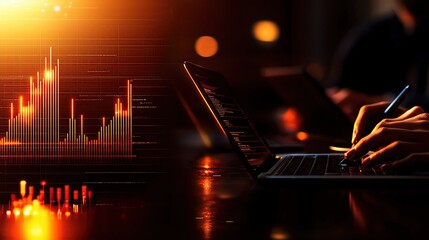 Corporate team brainstorming with digital tablets and laptops, advanced marketing data analysis, modern office, collaborative strategy session