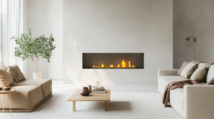 Modern living room with burning fireplace and stylish furniture