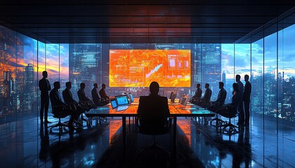 Group of executives in a sleek boardroom, digital whiteboards with marketing analytics, collaborative strategy, advanced technology