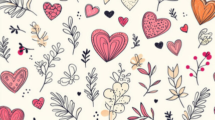 Hand-drawn hearts and floral pattern.