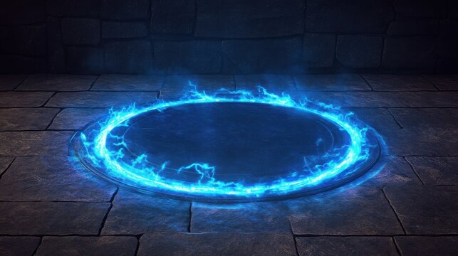 Energy spinning circle with blue glowing rays. Fantasy portal, magic twirled teleport on floor iod illustration. Effect energy ray teleport futuristic illustration