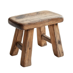 Rustic Wooden Stool, handcrafted small stool with a weathered finish, set against a clean white backdrop, perfect for digital use
