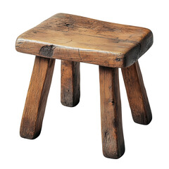 Rustic wooden stool on white backdrop, ideal for showcasing vintage decor, minimalist design, versatile furniture piece for various settings