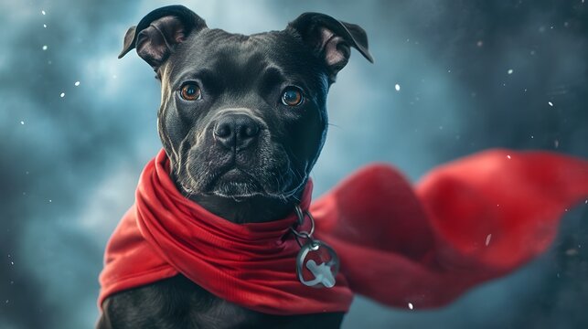 Majestic Black Pitbull in a Red Cape, Winter Wonderland - Powered by Adobe